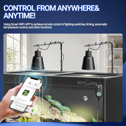 REPTI ZOO Smart WiFi Deep Dome Lamp Fixture & Thermostat Hygrostat Controller with Timing Combo, Reptile Light Fixture Reflector Cap, Day-Night Temperature & Humidity Monitor Control for Reptile Tank