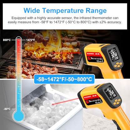 Non-Contact Infrared Thermometer Gun, High Accuracy -58°F to 1472°F, Adjustable Emissivity, Ir Thermometer with Backlit LCD, Over-Temp Alarm, Laser Temperature Gun for Cooking,BBQ,HVAC - color: Yellow