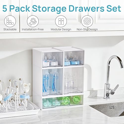 Vtopmart Stackable Storage Drawers Set of 5, Plastic Organizer Bins for Baby Bottle, Beauty Supplies Storage, Ideal for Kichen Countertop, Vanity, Bathroom, Cabinet, Pantry Organization,White - style: White-2 Small+2 High+1 Wide