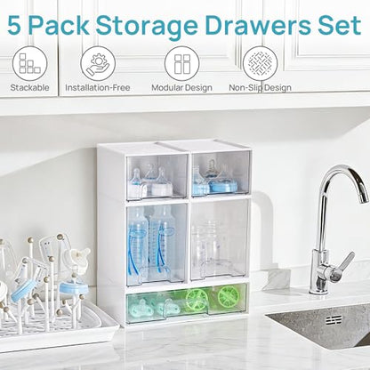 Vtopmart Stackable Storage Drawers Set of 5, Plastic Organizer Bins for Baby Bottle, Beauty Supplies Storage, Ideal for Kichen Countertop, Vanity, Bathroom, Cabinet, Pantry Organization,White - style: White-2 Small+2 High+1 Wide