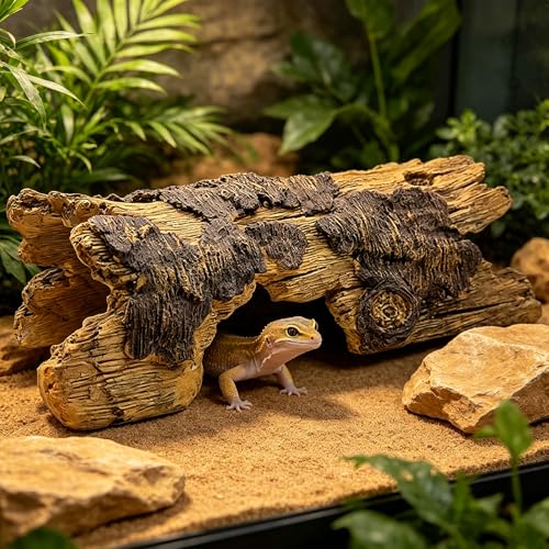 Resin Reptile Cave Statue - Extra Large Hollow Log for Bearded Dragon, Leopard Gecko, Crested Gecko Tank Accessories | Driftwood for Aquarium & Bearded Dragon Accessories (Khaki) - style: Khaki