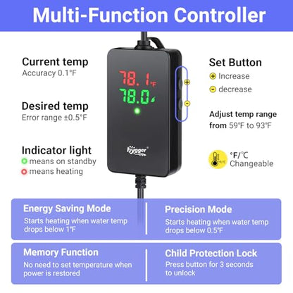 hygger ECO Precise Aquarium Submersible Heater, 500W for 55-100 Gallon Fish Tank Heater with Digital Display Adjustable Controller for Saltwater Freshwater - size: 500W for 55-100 Gallon