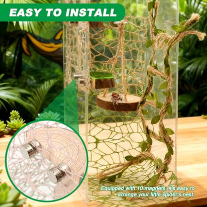 Jumping Spider Habitat Decor Set, 7-Piece Enclosure Climbing Kit | Includes 2 glitter webs, 3 wood platforms, 1 swing, and 1 rope bridge for climbing, resting, and styling enclosures
