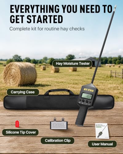 Hay Moisture Tester with 20" Probe, Moisture & Temperature Meter for Round and Square Hay Bales, Fast Backlit Readings, Calibration Clip Included, Black - color: Black