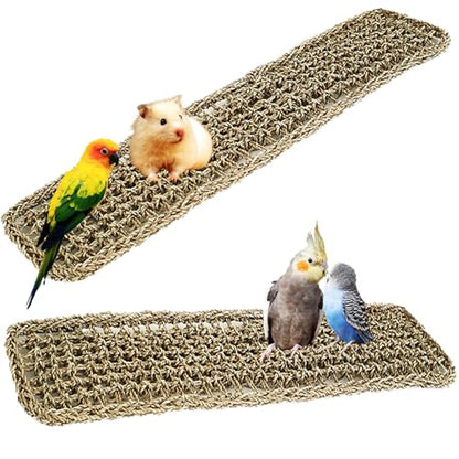 20.5 x 7.9 Inches Bird Seagrass Mat, Natural Grass Woven Bird Net Hammock Mat, Climbing Rope Ladder Chew Toy, Bird Cage Accessories for Parrots, Psittacines, Cockatiels, Hamsters, Lovebirds（2 Pack） - size: 20 x 8 Inch