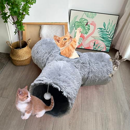 3-Way Collapsible Cat Tunnel Tube Toy Grey Plush | Interactive Play Tunnel with Hanging Ball & Peek Hole for Indoor Cats, Kittens, Puppies & Rabbits | Hours of Fun & Exercise - color: Grey Plush