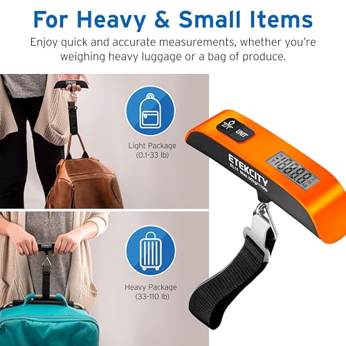 Etekcity Luggage Scale, Digital Suitcase Weight Scale for Travel, 110 lb | Travel Essentials, Air Travel, Suitcase, Hanging Hook, Rubber Grip, Battery Included, Easy-to-Read Display - color: Orange