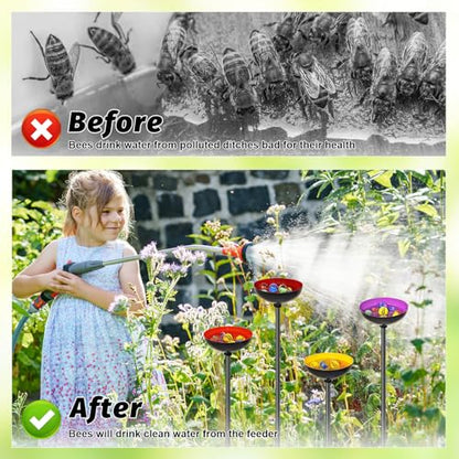 4 Pack Metal Bee Butterfly Watering Station for Garden | With Glass Marbles, Ellipse Design,Bee Butterfly Feeder for Outdoor Yard Patio Decor,Yellow Purple Red Orange - style: 4pcs Yellow Purple Red Orange