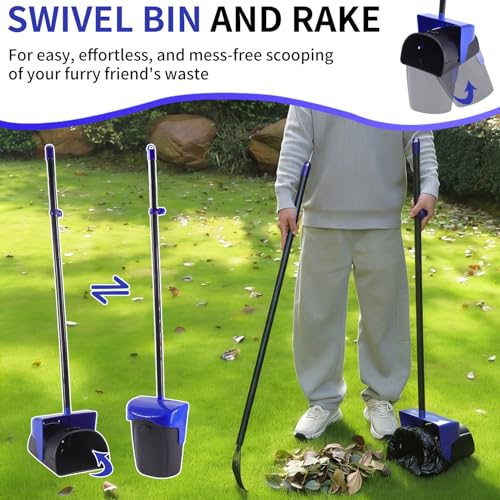 ienjoyed 43" Tall Pooper Scooper Large Swivel Bin & Rake with 100 Waste Bags,Heavy Duty Dog Pooper Scooper for Dogs, Long Handle Poop Scooper with Lid for Yard, Grass, Gravel (Blue) - color: Blue（43“ Tall）
