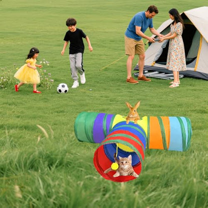 Rabbit Tunnels & Tubes Collapsible Toy 3 Way Rainbow | Play Tunnel Tube Toy with Hanging Ball for Kitten, Puppy, Bunny, Ferret, Interactive Toys for Fun Playtime & Exercise - color: Rainbow