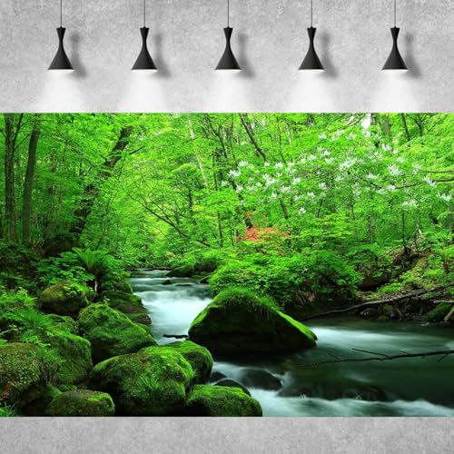 Stream Aquarium Background Jungle Plants Rainforest Fish Tank Background Lush Green Trees Rocks with Moss Terrarium Background Flowing Water Natural Landscape Aquarium Backdrops Vinyl 24x12in - color: Moss Green, size: 24(W)x12(H)in