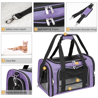 Soft-Sided Cat/Dog/Pet Carrier, Collapsible Pets Travel Carriers | for Big Cats/Small Dogs with Shoulder Strap & Removable Mat, Mesh Puppy Carry Bag, Up to 16 Lbs, TSA Airline Approved(Purple) - color: Purple, size: 17"L x 11"W x 11"H