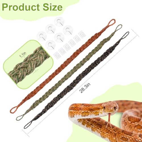 3-Pack Snake Climbing Rope & Reptile Vines 27.5" Braided Hemp Toys for Terrarium Enrichment Ball Python Crested Gecko & Hermit Crab Tank Accessories with Suction & Adhesive Hooks - color: Multi-color