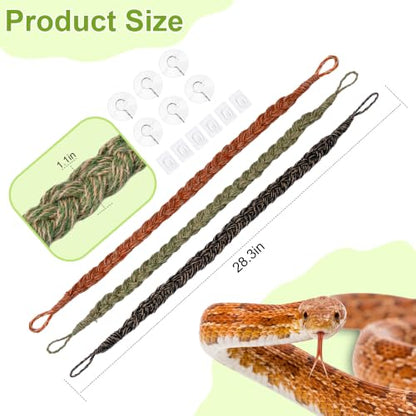3-Pack Snake Climbing Rope & Reptile Vines 27.5" Braided Hemp Toys for Terrarium Enrichment Ball Python Crested Gecko & Hermit Crab Tank Accessories with Suction & Adhesive Hooks - color: Multi-color