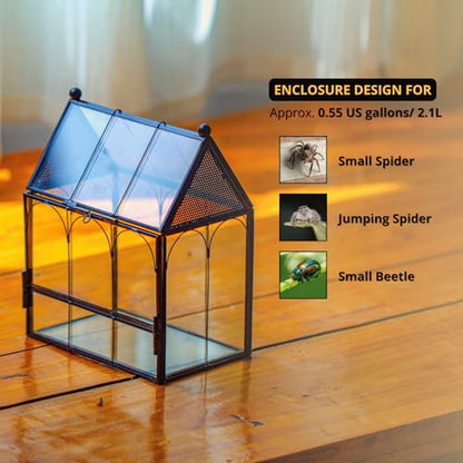 NCYP Small Glass Terrarium Enclosure with Mesh for Jumping Spiders, Micro House Shaped Small Spiders Vented Glass Terrarium, Home Decor Black, 5.8" x 3.8" x 7" (No Plants) - size: 5.8" x 3.8" x 7"