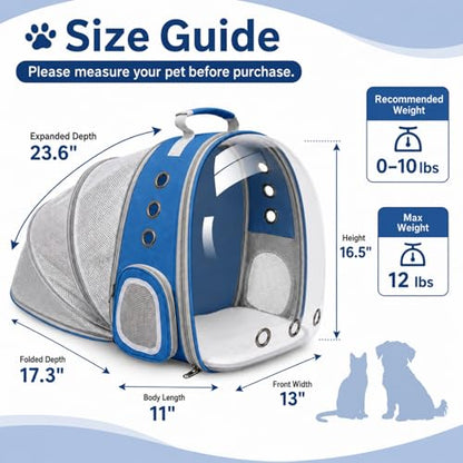 Expandable Cat Carrier Backpack with Bubble Window, Blue | Breathable mesh, anti-collapse frame, side door, safety leash and escape-resistant zippers for vet visits and outdoor travel. - color: Blue