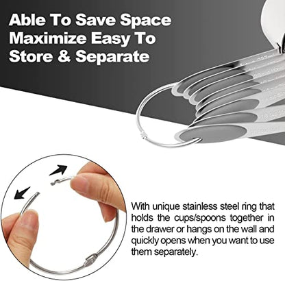 Wildone Stainless Measuring Cups and Spoons Set with Silicone Handle, 16pcs | 8 Measuring Cups and 8 Measuring Spoons, Nesting Design, Heavy Duty for Measuring Dry/Liquid Ingredients, Gray - color: Gray