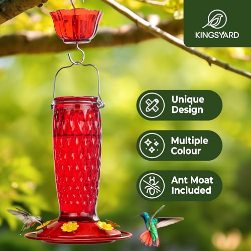 Kingsyard Glass Hummingbird Feeder for Outdoors with Ant Moat | 24 oz, Wide-Mouth Opening, 6 Metal Feeding Ports, Bee Guard, Easy to Clean & Refill Nectar, 360 Degree Perch, Red - color: Red