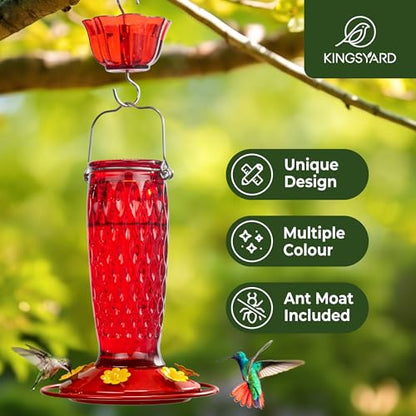 Kingsyard Glass Hummingbird Feeder for Outdoors with Ant Moat | 24 oz, Wide-Mouth Opening, 6 Metal Feeding Ports, Bee Guard, Easy to Clean & Refill Nectar, 360 Degree Perch, Red - color: Red