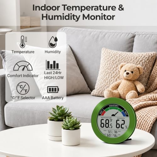 Digital Hygrometer Indoor Thermometer Humidity Meter Room Temperature Humidity Monitor, Metal Frame with Brushed Stainless Finish, DM9442 (Green Stainless) - color: Green Stainless