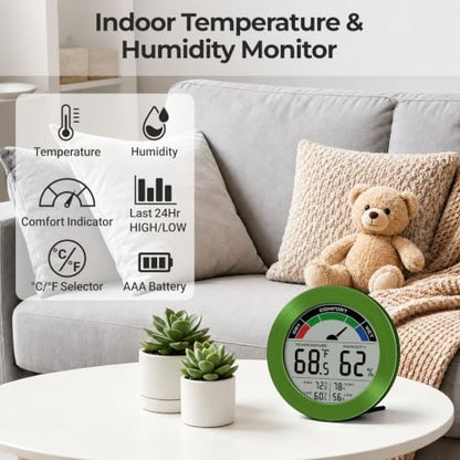 Digital Hygrometer Indoor Thermometer Humidity Meter Room Temperature Humidity Monitor, Metal Frame with Brushed Stainless Finish, DM9442 (Green Stainless) - color: Green Stainless
