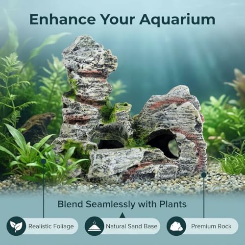 Resin Aquarium Stone Cave with Artificial Moss – Natural Rock Mountain Ornament for Fish Tank, Shrimp & Betta Hiding, Reptile Habitat Decoration, Small Landscape Terrain Accessory for Aquatic Decor（B）