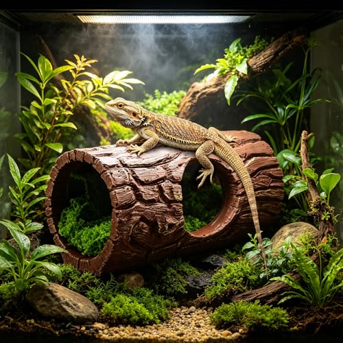 Reptile Hide Cave, Resin Hollow Tree Trunk Hideout with Faux Moss Set, Reptile & Amphibian Habitat Hideouts, for Arboreal Reptiles, Hermit Crabs, Leopard Gecko, Lizard Terrarium Decor