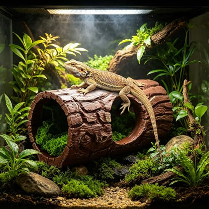 Reptile Hide Cave, Resin Hollow Tree Trunk Hideout with Faux Moss Set, Reptile & Amphibian Habitat Hideouts, for Arboreal Reptiles, Hermit Crabs, Leopard Gecko, Lizard Terrarium Decor