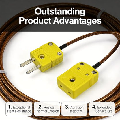K Type Thermocouple Extension Cable 79in/2.2 Yards | Brown Wire PVC Coating Polyimide Construction, Temperature Range: 0°F–1300°F - size: 79in/2.2 yards