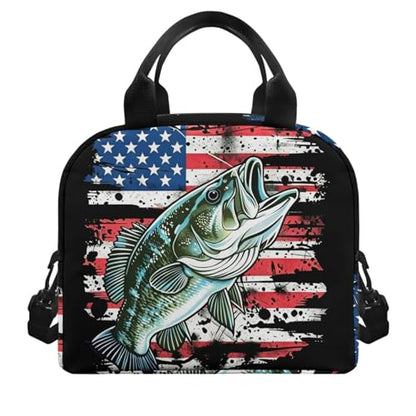 Kids Lunch Bag American Flag Fishing Print: Insulated Interior Fits Sandwich + Fruit + Water Bottle - Keeps Fresh - Ideal for Independence Day Picnic, Boat Trip & Fishing Adventure - color: American Flag Fishing Print