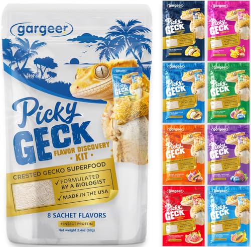Gargeer 2.4oz Picky Geck 8 Sachet Flavours Crested Gecko Food Discovery Kit | Stop wasting food! Test 8 gourmet sachet flavors to win over picky geckos. Probiotic-infused, clean-label fruit & insect diet - size: 0.3 Ounce (Pack of 8)