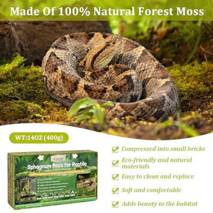 14OZ Natural Sphagnum Moss for Reptile Terrarium Substrate Bedding | 16QT High Expansion, Moisture Retention, Helps Shedding, Long Fibers Dried Moss for Leopard Gecko, Snake, Frog, Turtle - size: 14 OZ
