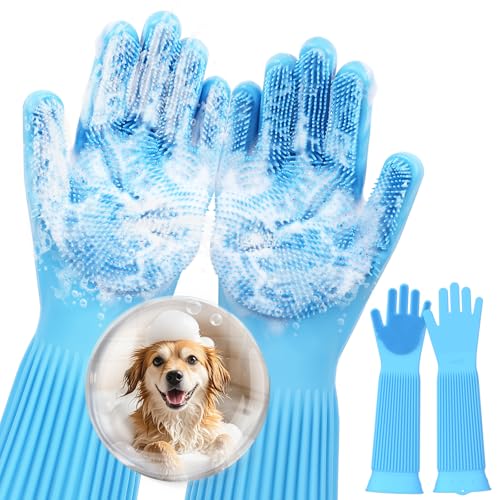 Pecute Silicone Pet Grooming Gloves for Washing Cats Dogs Bath Brush | Extended cuff, 3,000 soft bristles, Gentle massage & deshedding, Dishwasher safe, For large/thick coats, Home/car cleaning - size: X-Large