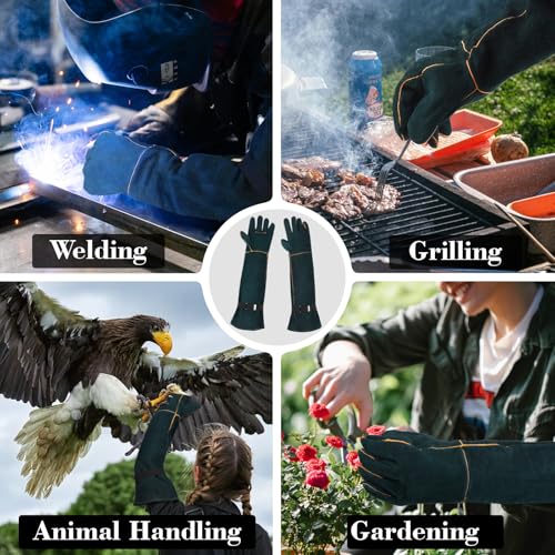 Animal Handling Gloves - 23.6 inch Bite Proof Gloves, Anti Scratch Cowhide Leather for Cat Grooming, Snake Animal Handling - color: Green