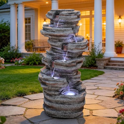 Extra-Large Rock Outdoor Water Fountain with LED Lights | 6-Tier Cascading Waterfall for Garden Patio Porch, Weather-Resistant Polyresin Water Feature for Tranquil Oasis - color: 40"grayish Brown