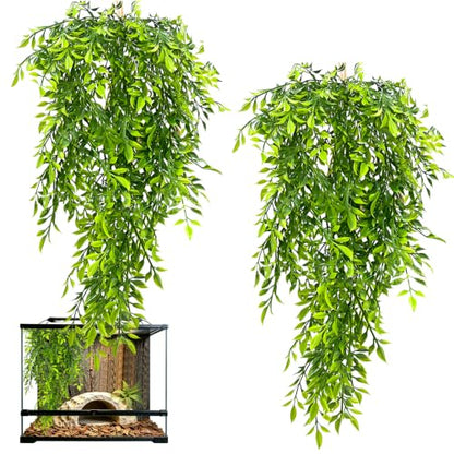 Hamiledyi Reptile Plants Hanging Terrarium Plants 2 Pack Fake Artificial Leaves with Suction Cup for Snake, Lizard, Chameleon (Bamboo Leaf) - color: 2 Pcs 29.9 Inches Green Reptile Plants