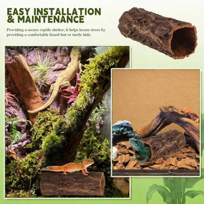 POPETPOP Reptile Hideout Cave with Hollow Tree Design, Natural Resin Material, Medium Size, Terrarium Habitat Shelter for Leopard Gecko, Lizard, Snake, Turtle, Hermit Crab | Round Cork Bark Tube, Wood Tree Trunk Shelter for Snakes, Lizards, Hermit Crabs,
