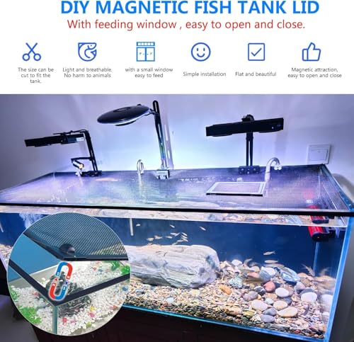 Magnetic Fish Tank Cover Net Aquarium Lid Mesh Top Hood Cut to Any Size Ventilation Transparency Anti-Jumping Aquarium Cover with Feeding Window(39"X19") - color: Grey with Feeding Window