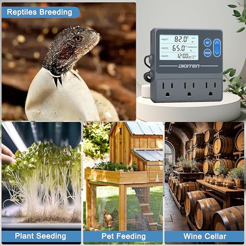 DIGITEN Reptile Temp & Humidity Controller with Timer Outlet | Temperature Control, Humidity Control, Timer, 3-Stage Outlet, Day-night Thermostat For Reptile, Mushroom, Homebrew