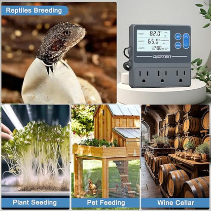 DIGITEN Reptile Temp & Humidity Controller with Timer Outlet | Temperature Control, Humidity Control, Timer, 3-Stage Outlet, Day-night Thermostat For Reptile, Mushroom, Homebrew