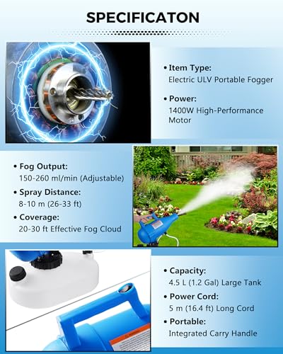 4.5L Electric Fogger Machine, 1400W Portable Sprayer with 30ft Spray Distance & Adjustable Nozzle for Applying Cleaning Solutions in Home, Hotel, School, Yard and Large Indoor Outdoor Rooms