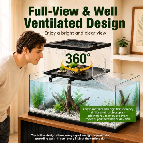 Extra Large Turtle Basking Platform for Aquatic Turtles with Turtle Brush | Stainless Steel Turtle Dock with Non-Slip Acrylic Ramp, Flip-Open Lid ,Escape-Proof, Fits 15-25" Wide Aquariums Tank