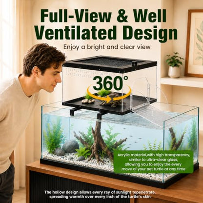 Extra Large Turtle Basking Platform for Aquatic Turtles with Turtle Brush | Stainless Steel Turtle Dock with Non-Slip Acrylic Ramp, Flip-Open Lid ,Escape-Proof, Fits 15-25" Wide Aquariums Tank