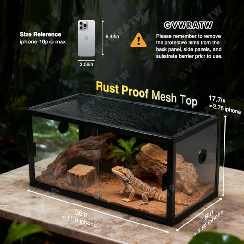 48-Gallon Acrylic Reptile Terrarium 36”x18”x18” – Durable Reptile Tank with Heat-Resistant Aluminum Frame, Smooth Dual Swinging Doors (No Sand/Debris Clogging) – Ideal for Lizards, Snakes & Geckos.