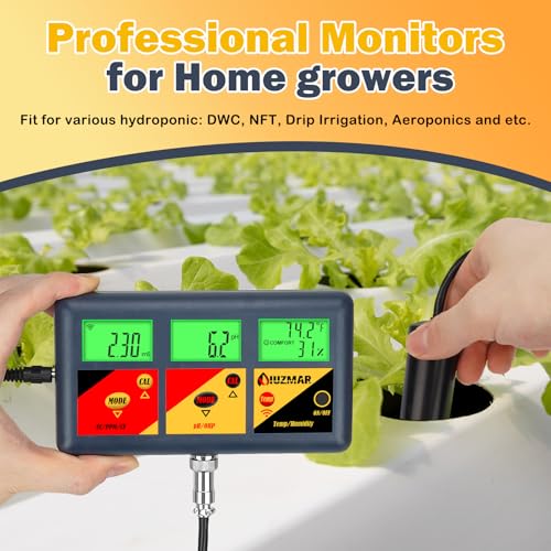 pH EC Meter for Hydroponics 7 in 1 pH EC PPM CF ORP Temp Humidity | Continuous Monitor pH ORP Meter for Water Hydroponics EC PPM Meter for Hydroponic Garden DWC Setup Aeroponic
