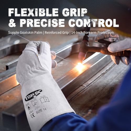 TOPDC Goatskin TIG Welding Gloves 14 Inch Large, Split Cowhide Back | Goatskin Leather with Split Cowhide Back and Reinforced Palm, Thumb, and Index Finger Supports TIG Welding Control - color: 14 Inch Goat Grain-large