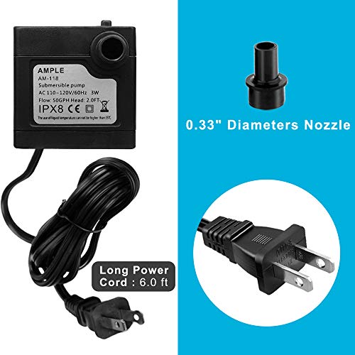 3W 50GPH Mini Submersible Water Pump, Small Fountain Pump for Pond, Aquariums, Fish Tank, Tabletop Fountain, Pet Fountain, Indoor or Outdoor Fountain (AC Powered)