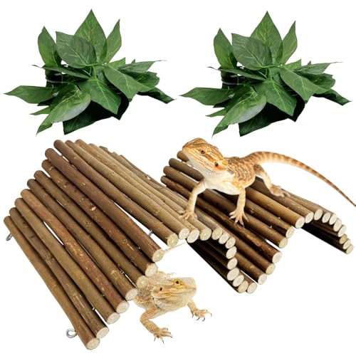 Hamiledyi Bendable Wooden Reptile Hideout Ladder Bridge Hiding Hut Tunnel Toys Climbing Bridge Chew Toy Habitat Accessories for Bearded Dragons Ball Python Guinea Pigs Rabbits(19.7 x 9 in)