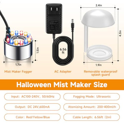 Halloween Mist Maker, Water Fountain Pond Mini Fog Machine Atomizer Air Humidifier, Ultrasonic Mist Maker Fogger Indoor Fountain, Mister Fogger with 12 LED Light and Waterproof Splash Guard