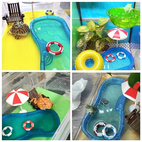 Tree Frog Tank Accessories - Novelty Pool Theme Set Turtle Habitat Decoration Reptile Water Food Bowl for Amphibian Aquatic Frog Toad Lizard Leopard Gecko Hermit Crabs Snake Spider Scorpion (Pool Set)